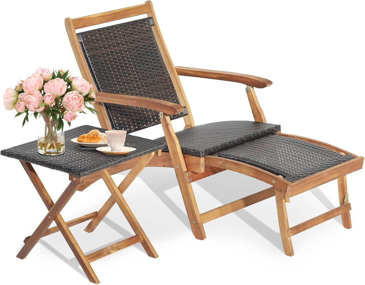 Rattan Sun Lounger Chair Folding Armchair with Footrest & Side Table