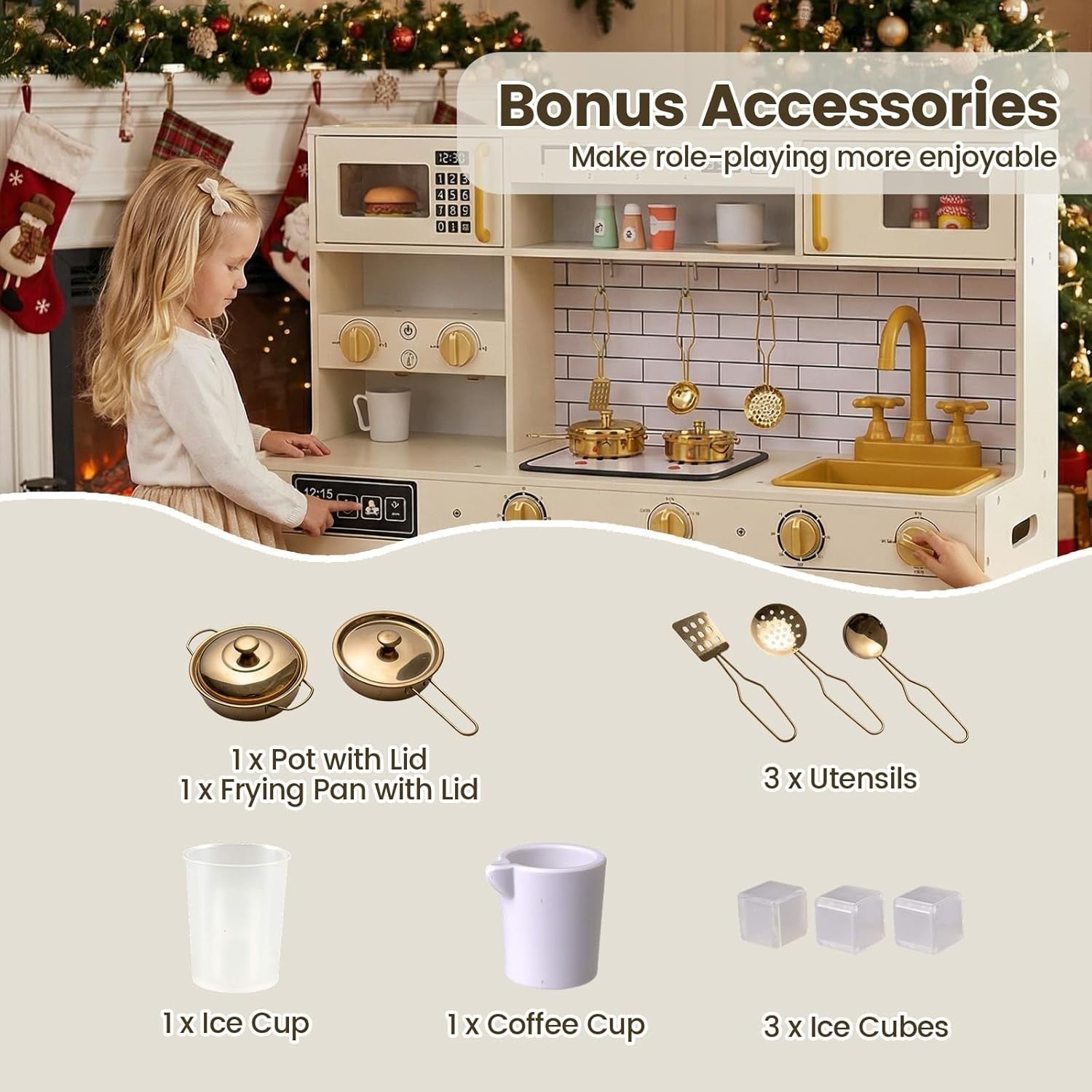 Kids Wooden Play Kitchen Lights Sounds Ice Dispenser Coffee Maker