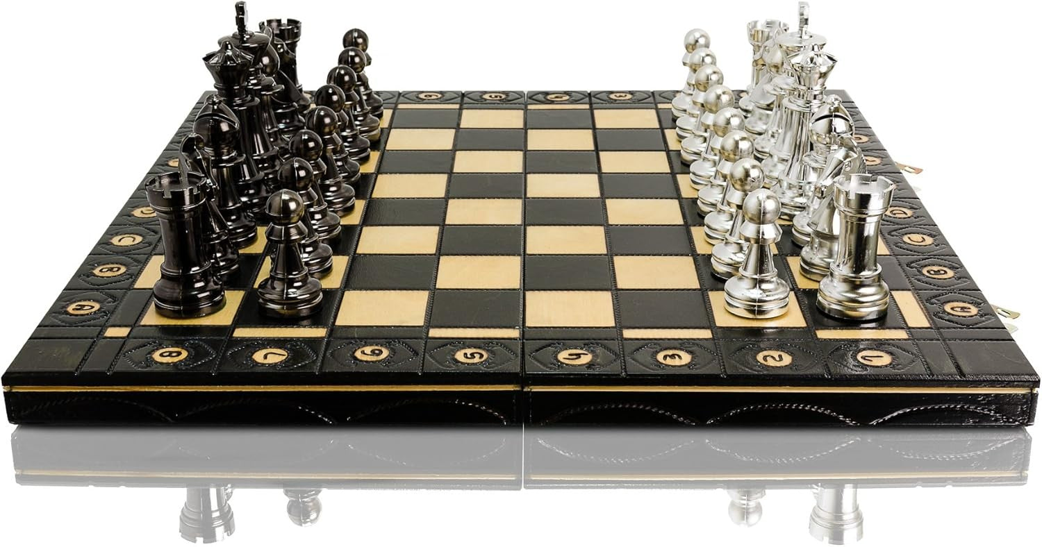 Metallic Staunton Chess Set 41cm Foldable Wooden Board Luxury Silver Pieces