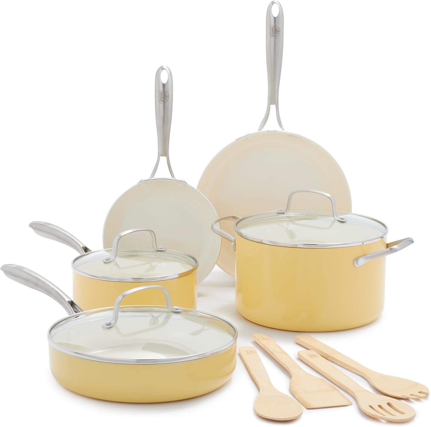 12Pcs Yellow Ceramic Cookware Set Non Stick Pots & Pans Induction PFAS Free