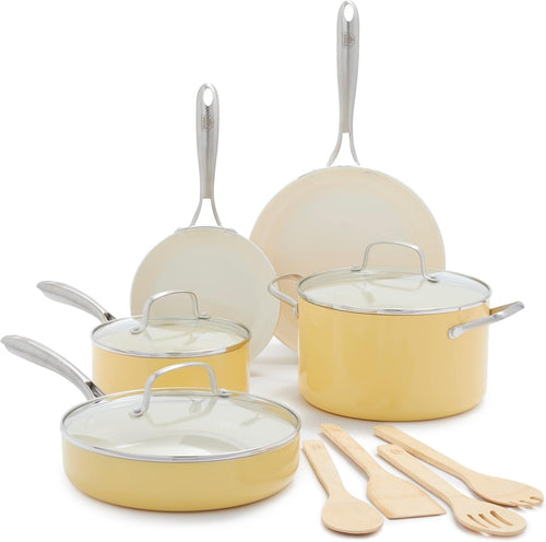 12Pcs Yellow Ceramic Cookware Set Non Stick Pots & Pans Induction PFAS Free