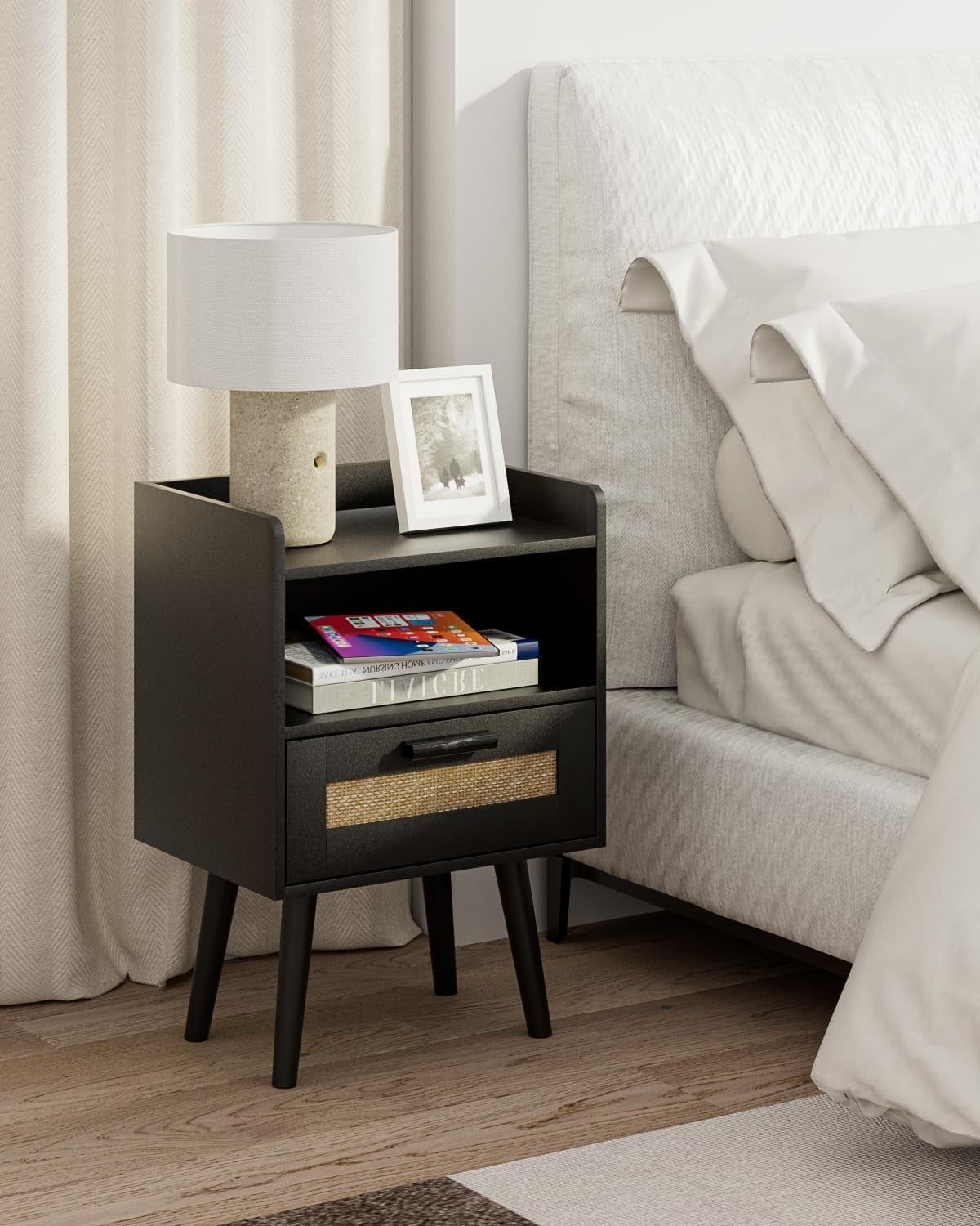 Rattan Bedside Table with Drawer – Modern Wood Nightstand for Bedroom