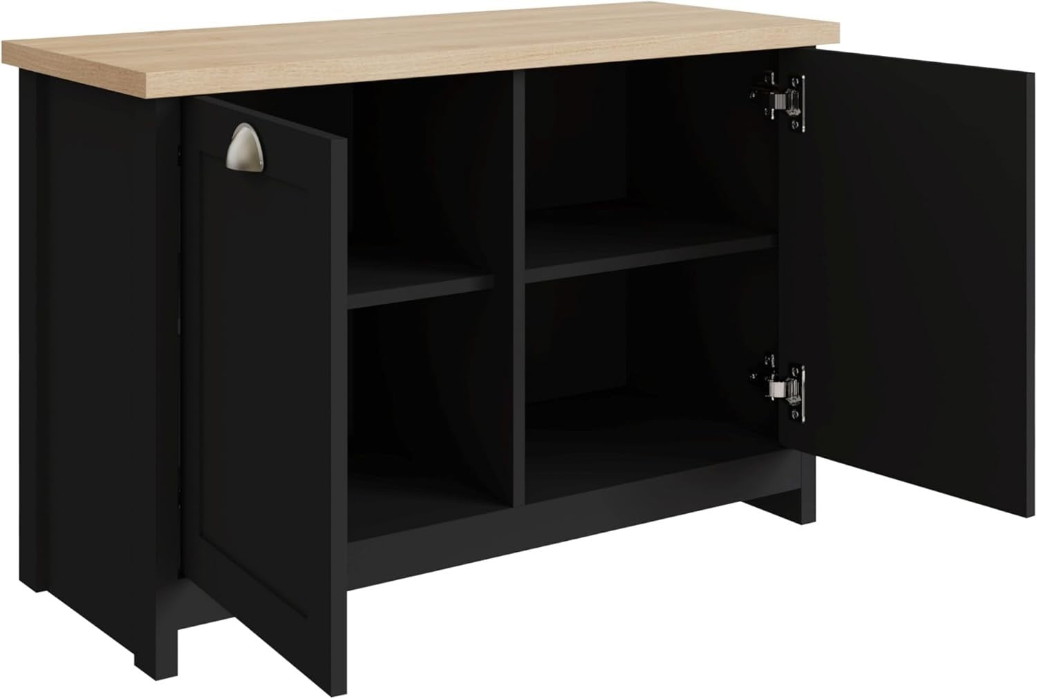 Black Shoe Storage Cabinet 4 Shelves with Oak Top Compact Sideboard