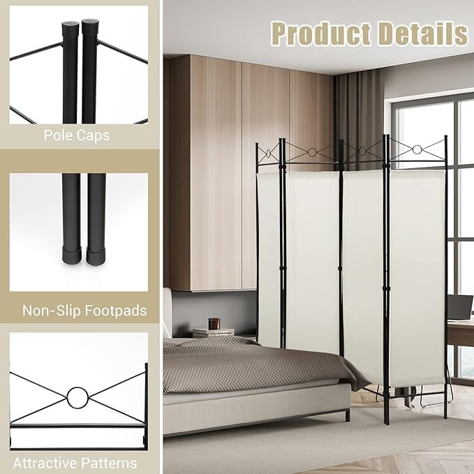 White 4 Panel Folding Room Divider – Privacy Screen with Detachable Fabric Panel