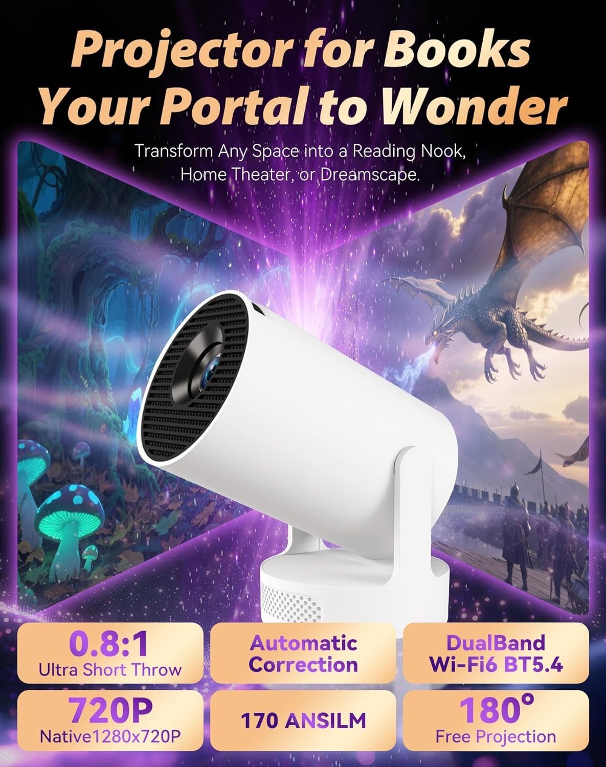 4K Smart Projector WiFi Bluetooth Auto Keystone 180° Rotate Reading Gaming