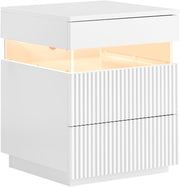 Modern White Bedside Table with LED Light & 3 Drawers – Ambient Nightstand