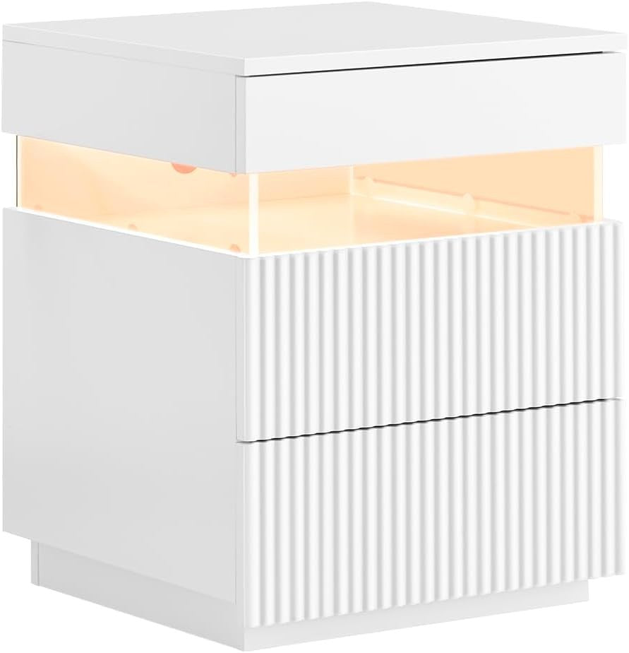 Modern White Bedside Table with LED Light & 3 Drawers – Ambient Nightstand