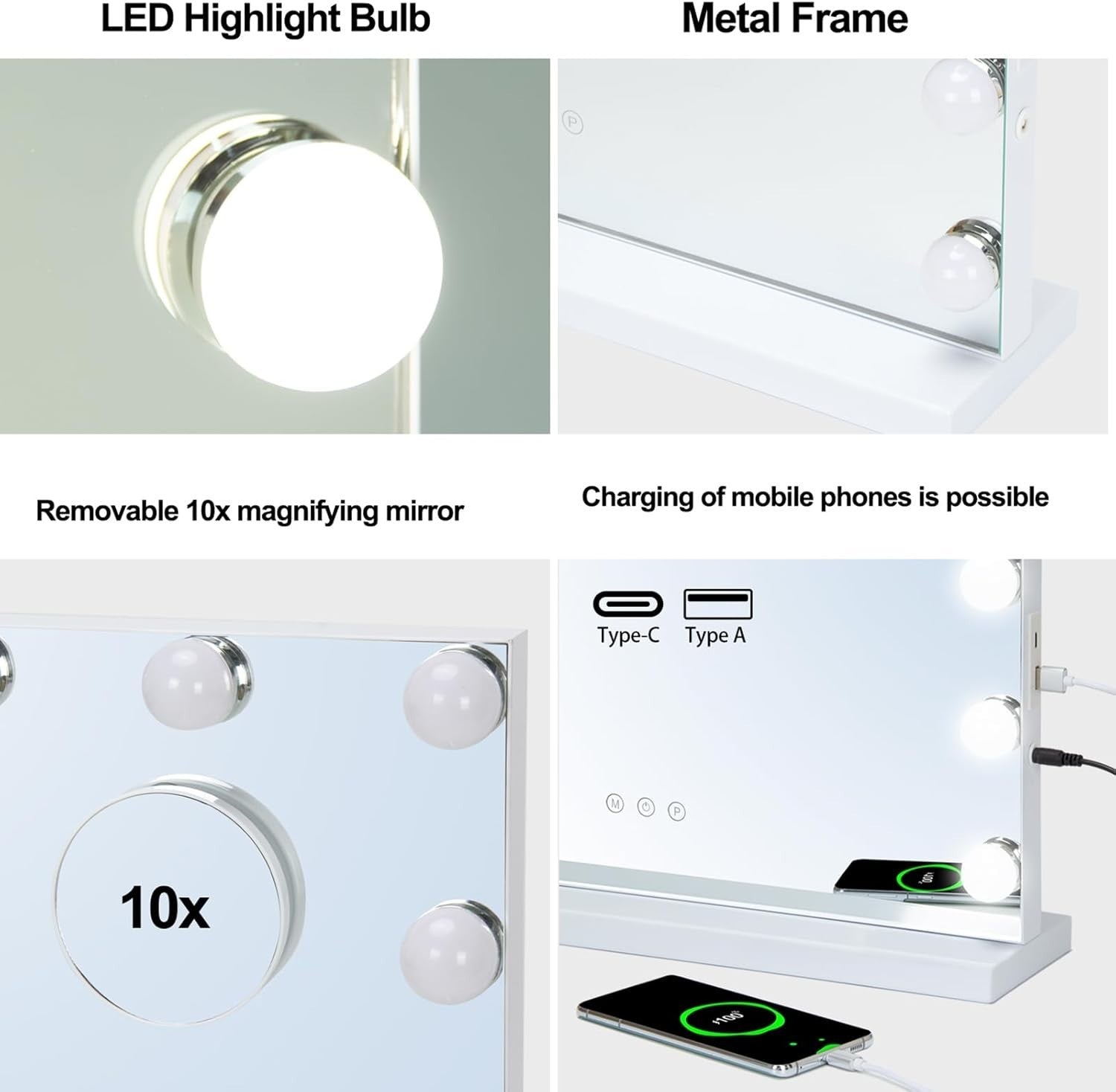 Large Vanity Mirror 80x60cm with LED Lights, Dimmable, 10X Magnifier, USB