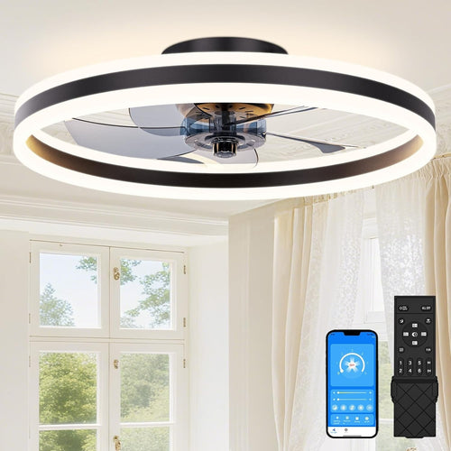 60cm Ceiling Fan Light, 6 Speeds, Dimmable LED, Reversible, Quiet Black Fan