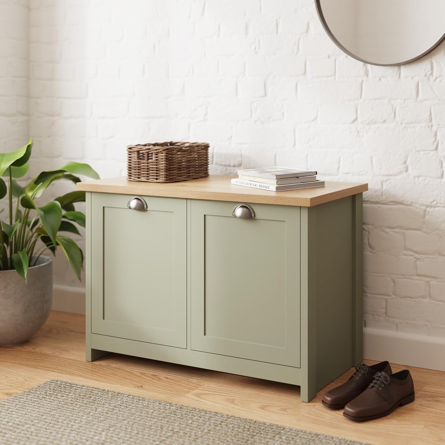 Sage Green Oak Shoe Storage Cabinet 89x35x60cm Country Cottage Style