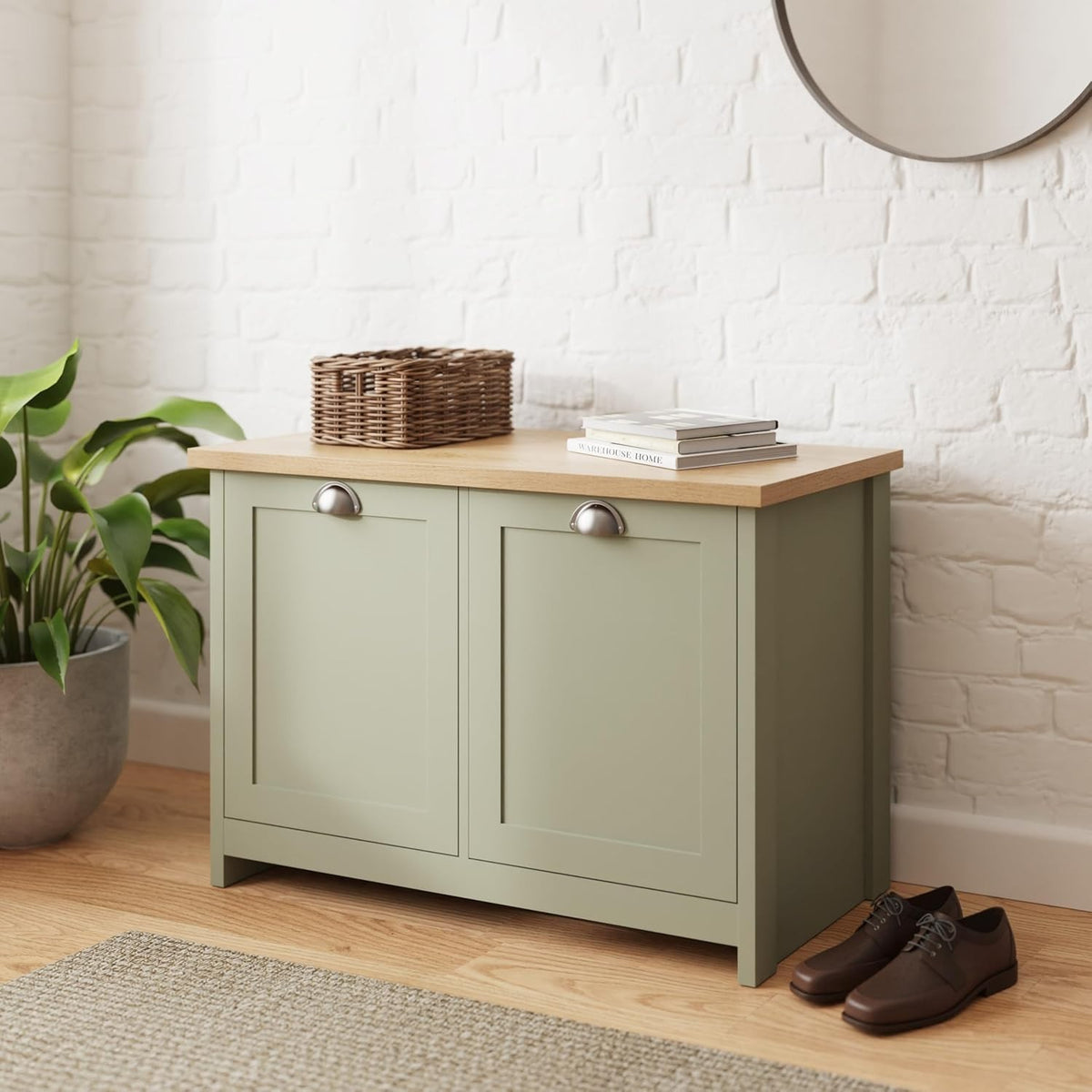 Sage Green Oak Shoe Storage Cabinet 89x35x60cm Country Cottage Style