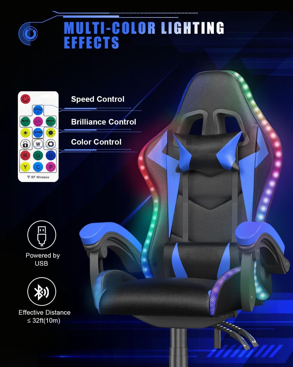Gaming Chair w/ RGB LED Lights, Recliner $90-155^\circ$ Ergonomic Desk PC Office
