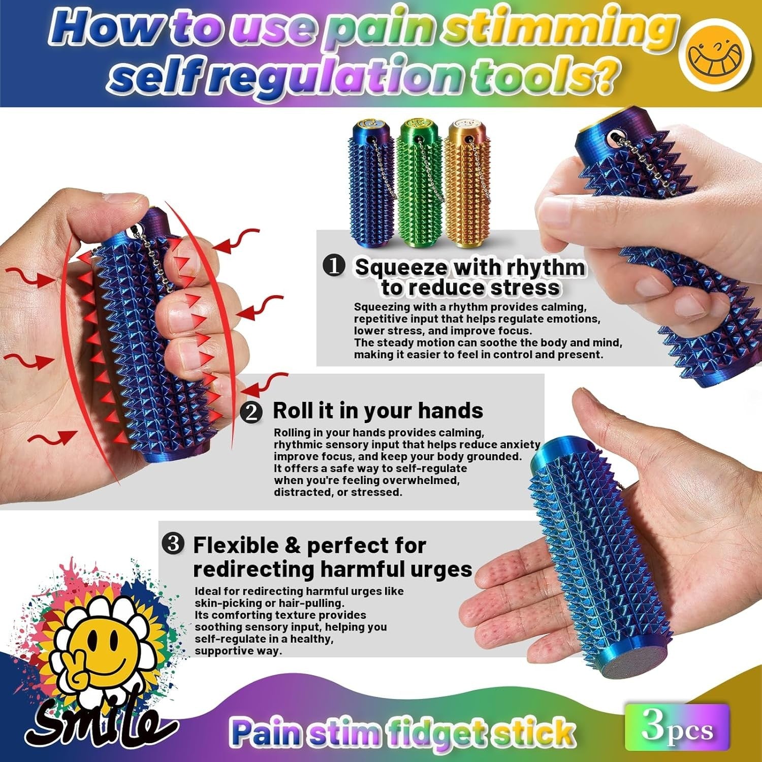 Pain Stim Spiky Fidget Keychain Anxiety Relief ADHD Autism Pocket Tool