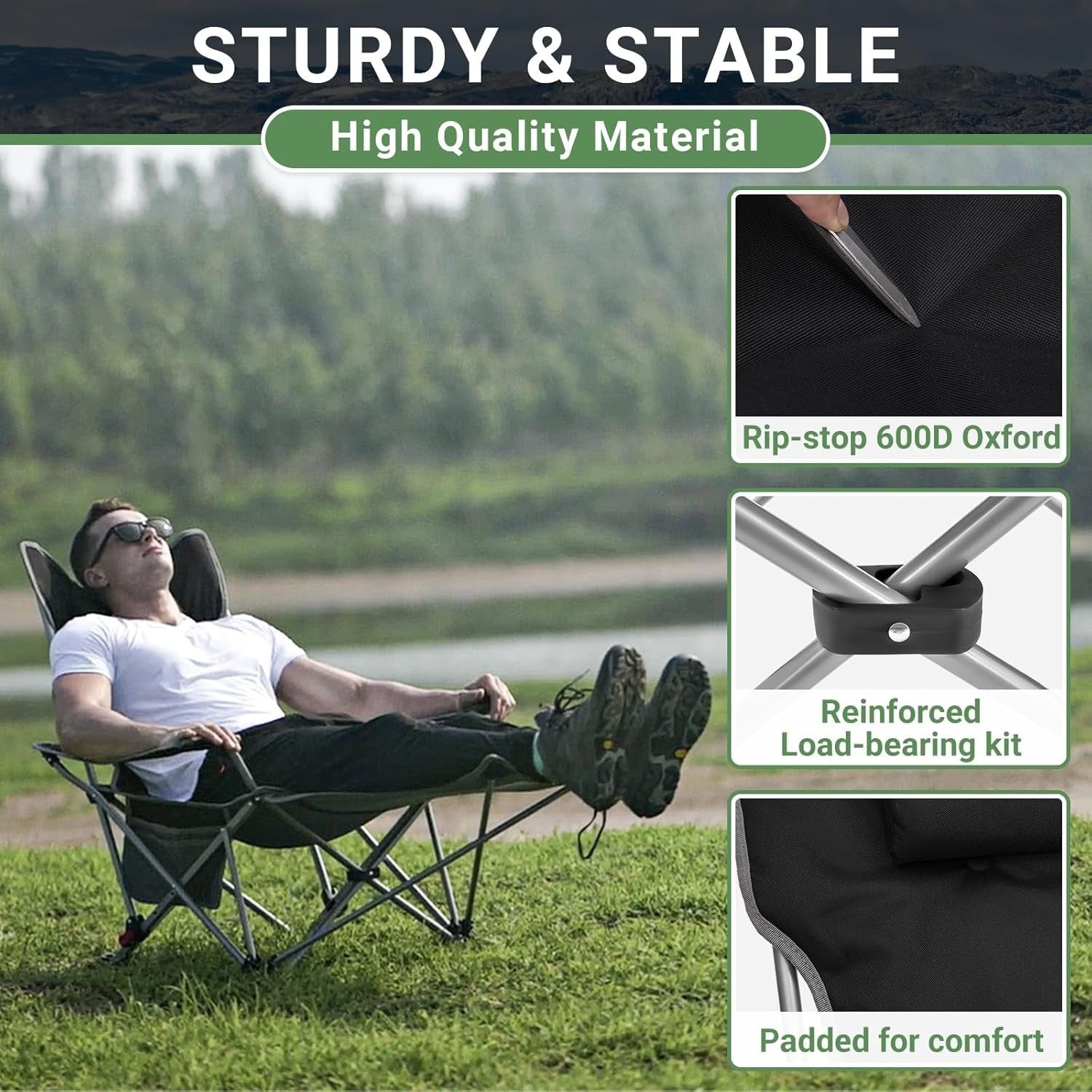 2x Padded Reclining Folding Camping Chairs Footrest Cup Holder Black