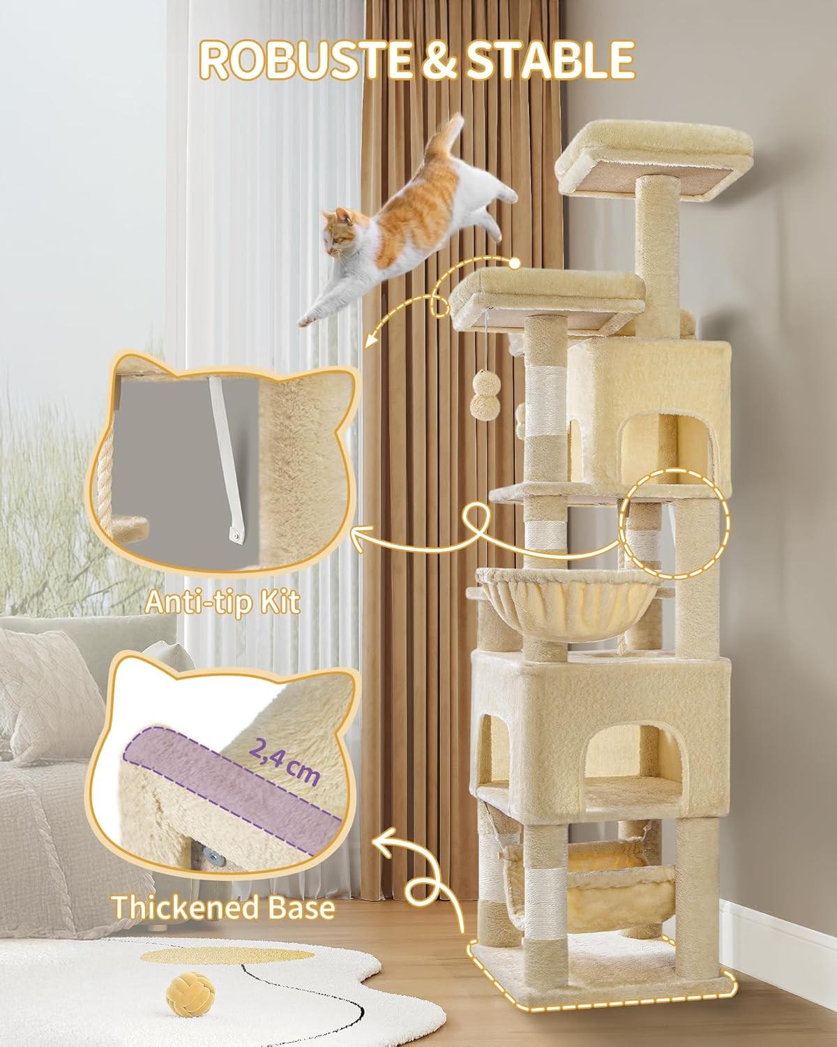 Large Cat Tree 176cm Multi-Level Tower with Caves Hammock Sisal Posts