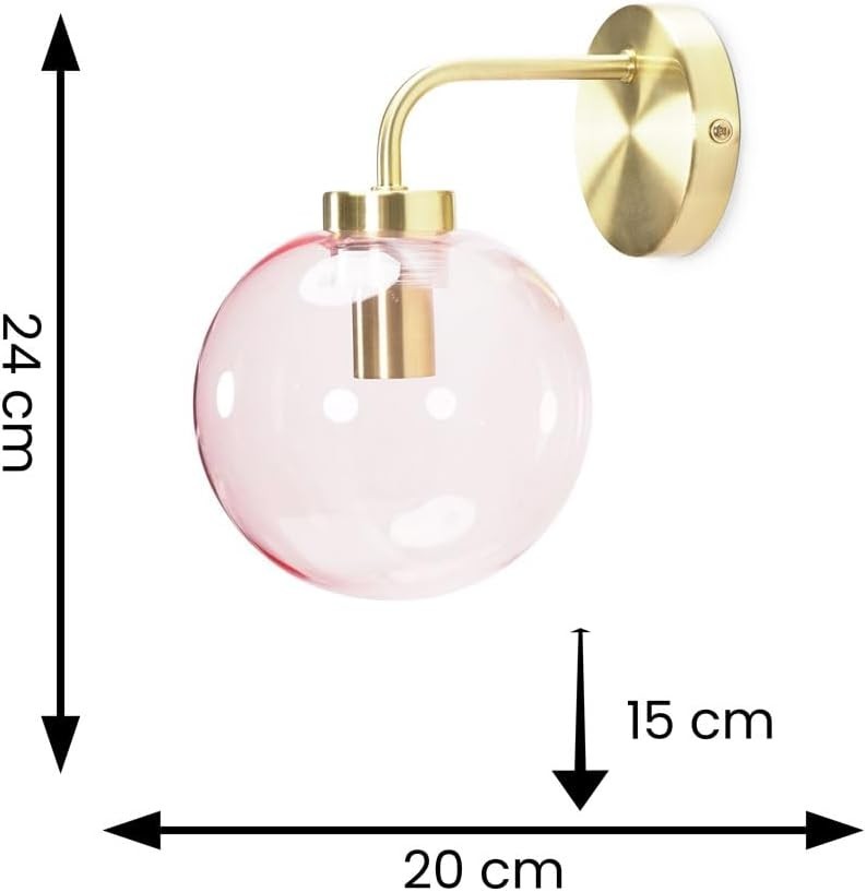 Brushed Gold Wall Lights with Pink Glass Globe Shade, Pair, Elegant Decor