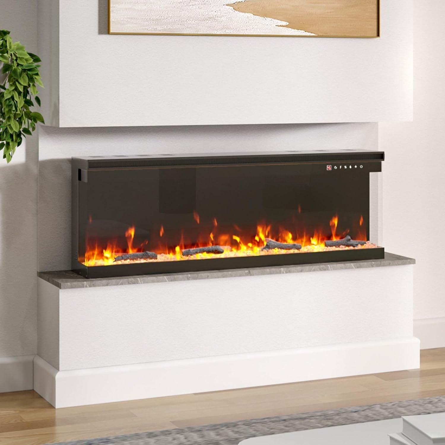 60” Electric Fireplace Wall Mounted LED Flame Heater 3-Side Glass Fire