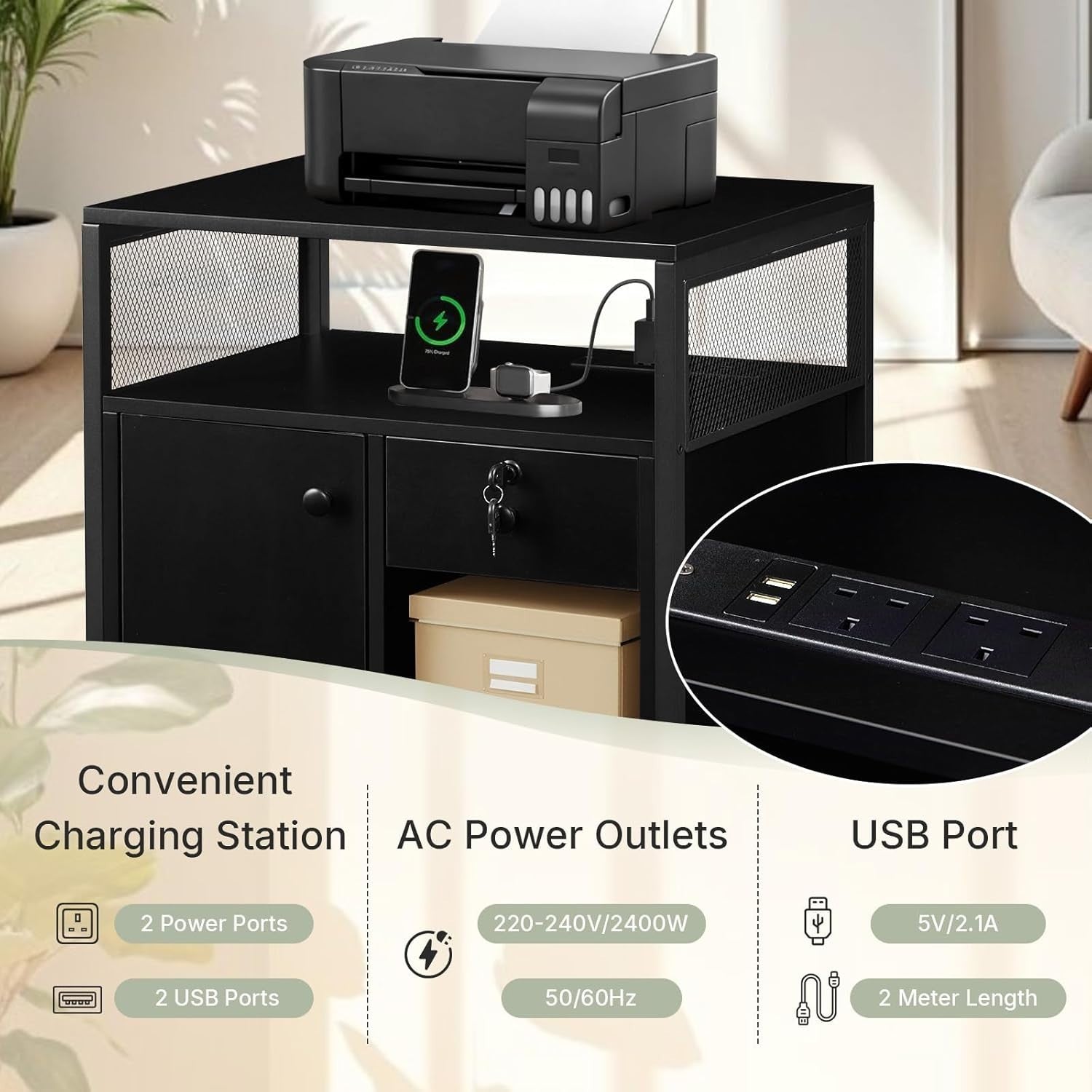 Black Mobile File Cabinet w/ Charging Station Lockable Drawer Printer Stand