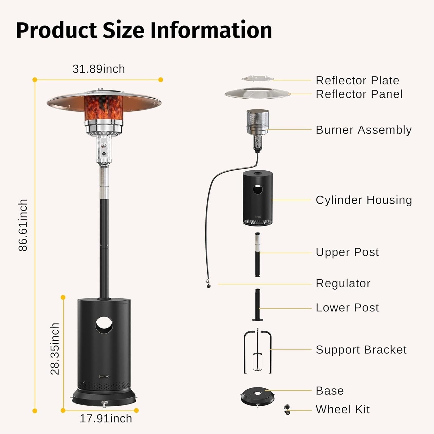 Outdoor Propane Patio Heater 55,000 BTU Safe Stainless Steel with Wheels