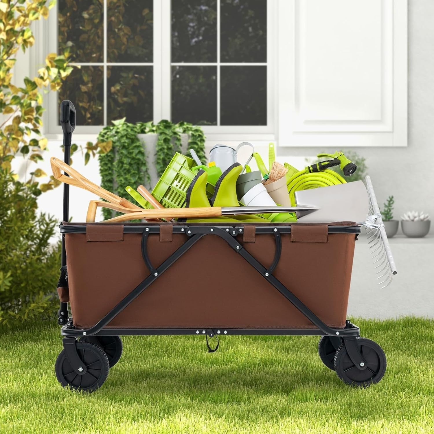 Brown Folding Garden Trolley Cart 170L Collapsible Wagon w/ Adjustable Handle