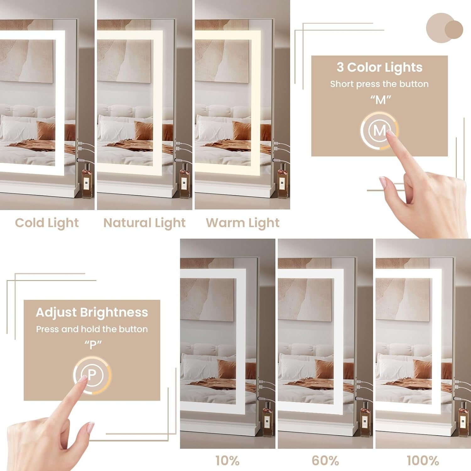 LED Vanity Mirror 58x48cm with Lights USB Tabletop Wall Mount Makeup