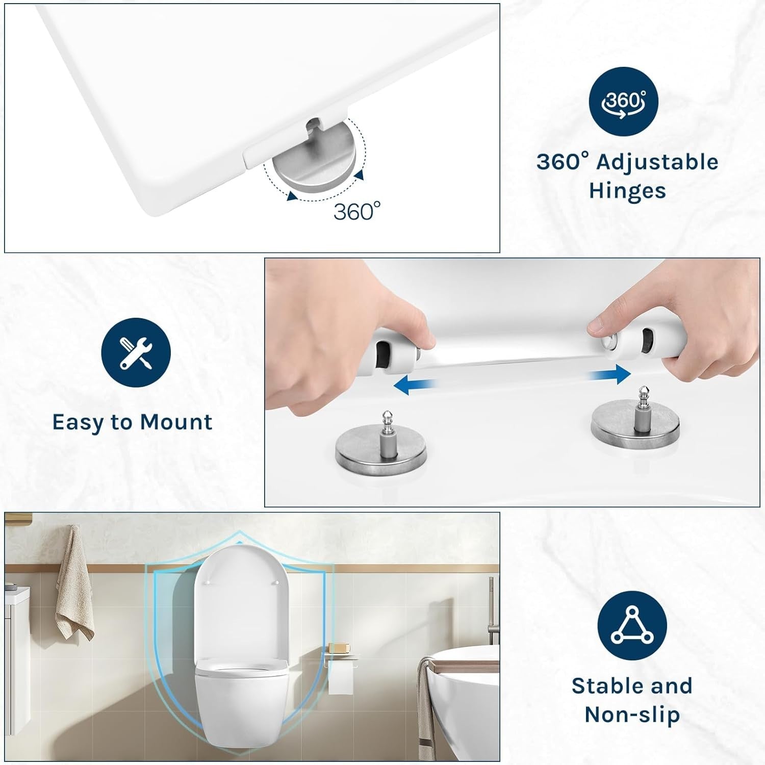 D-Shape Toilet Seat White Soft Close Quick Release Adjustable Hinge Top Fix