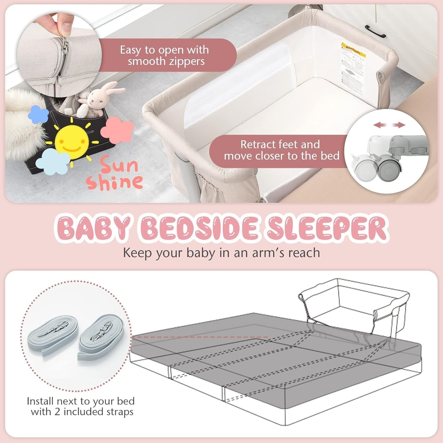 3in1 Baby Bassinet Bedside Crib Co-Sleeper Cot with Mattress & Wheels Beige