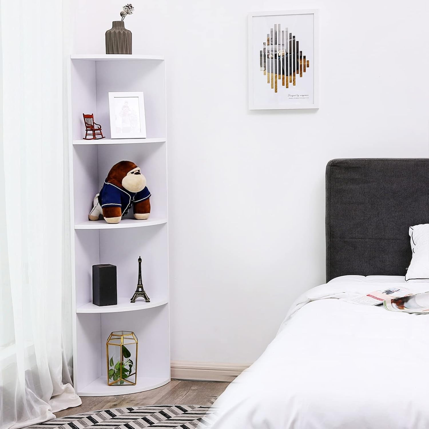 4-Tier White Corner Shelf Unit Modern Space-Saving Display & Storage Rack