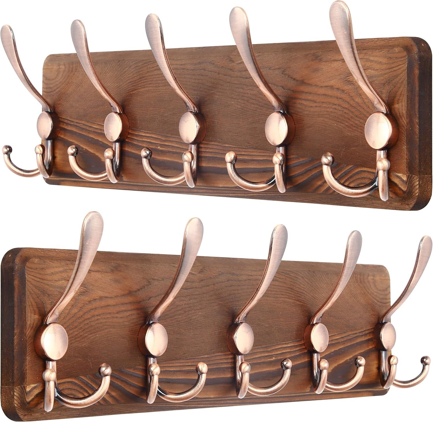 Set of 2 Brown Wooden Wall Coat Racks | Rustic 5 Triple Hooks Heavy Duty Organiz
