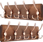 Set of 2 Brown Wooden Wall Coat Racks | Rustic 5 Triple Hooks Heavy Duty Organiz
