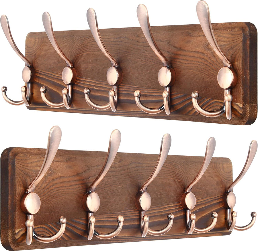 Set of 2 Brown Wooden Wall Coat Racks | Rustic 5 Triple Hooks Heavy Duty Organiz