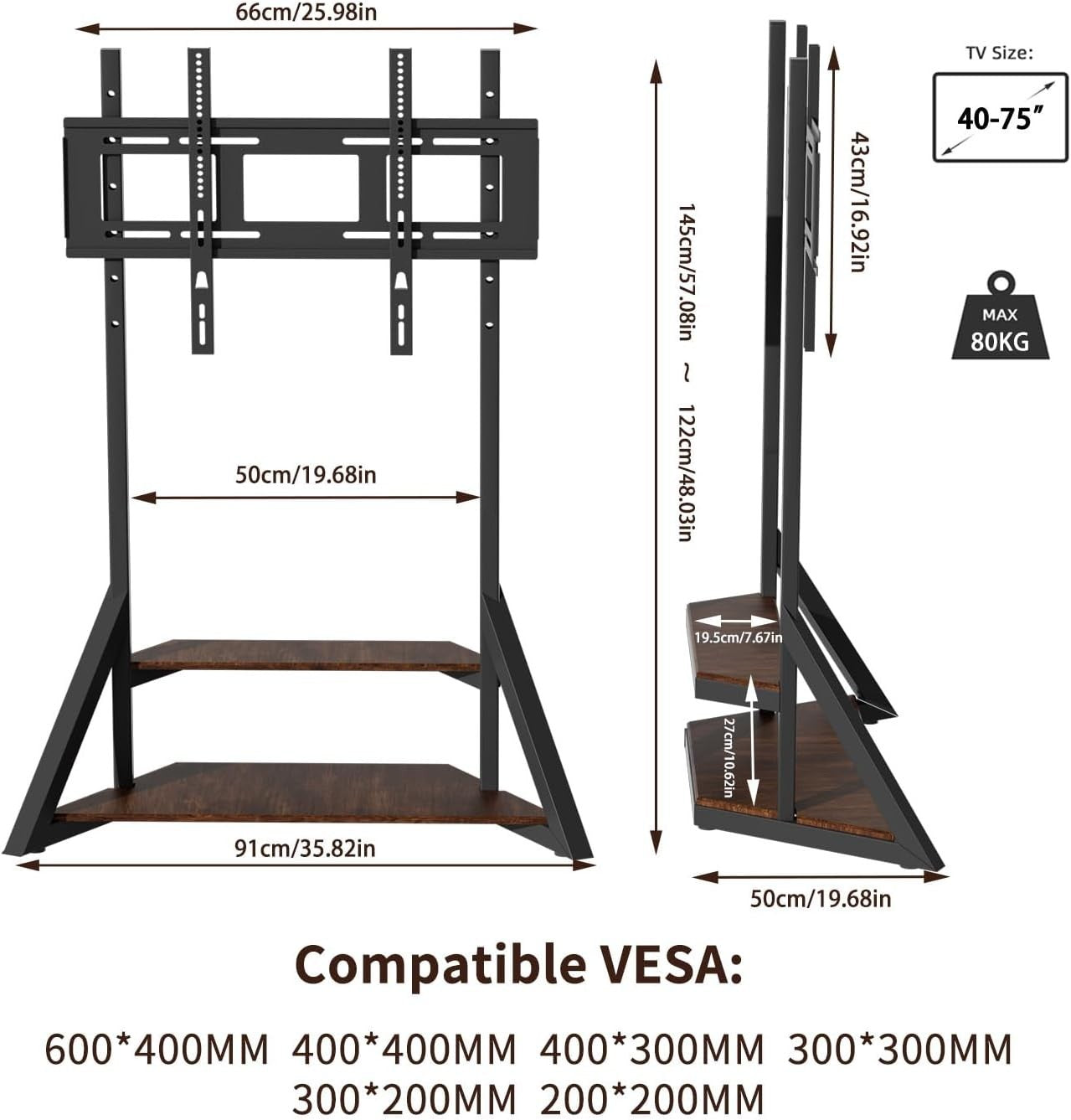 Adjustable Industrial TV Floor Stand 40-75" with 2 Shelves & 80kg Load
