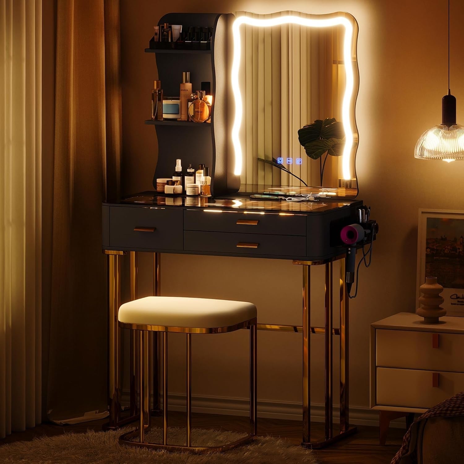 Vanity Dressing Table RGB LED Sensor Light Glass Top 5 Drawers Wireless Charging