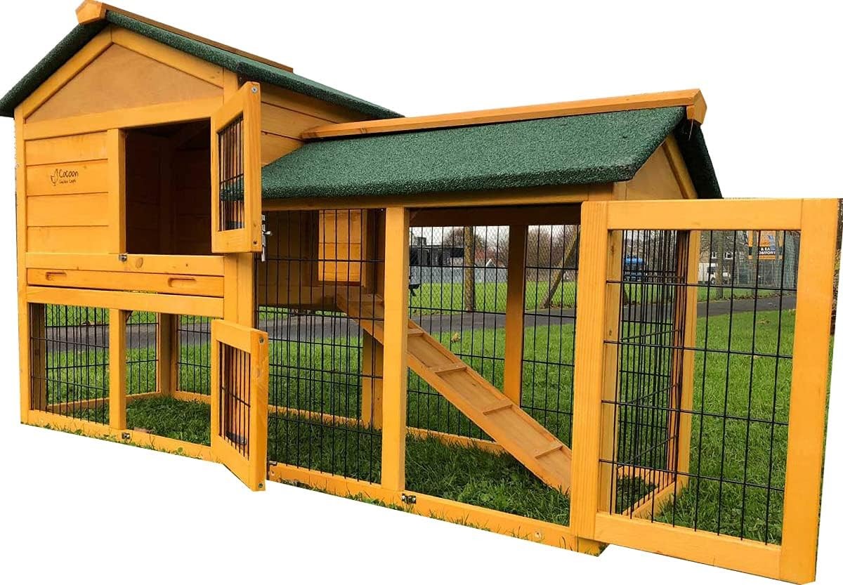 Large Rabbit Hutch with Run Outdoor Wooden 2 Tier Rain Cover Included