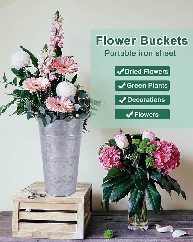 Galvanized Metal Flower Vases Set of 6 Rustic Bucket Planters Indoor Outdoor
