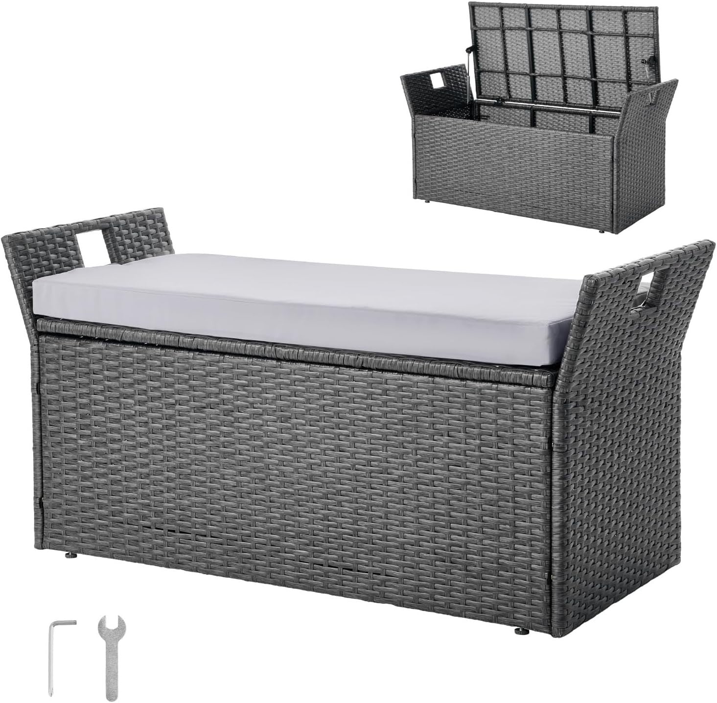 Outdoor 2-Person Storage Bench with Cushion, Weatherproof Rattan, 400 lbs Load