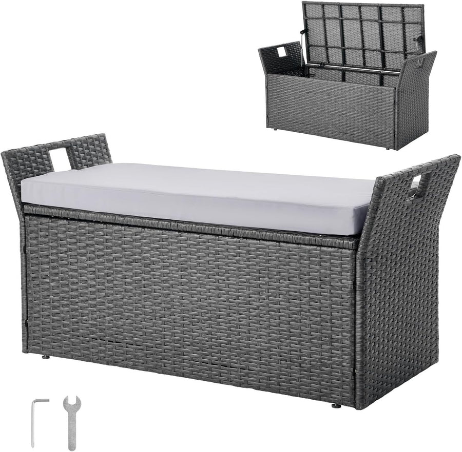 Outdoor 2-Person Storage Bench with Cushion, Weatherproof Rattan, 400 lbs Load