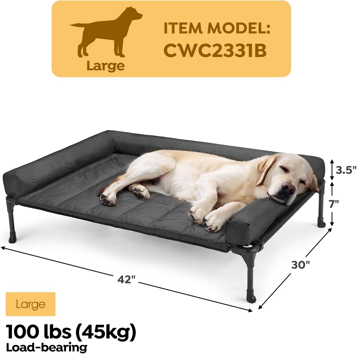 Large Elevated Dog Bed 107x76cm Cooling Mesh Washable
