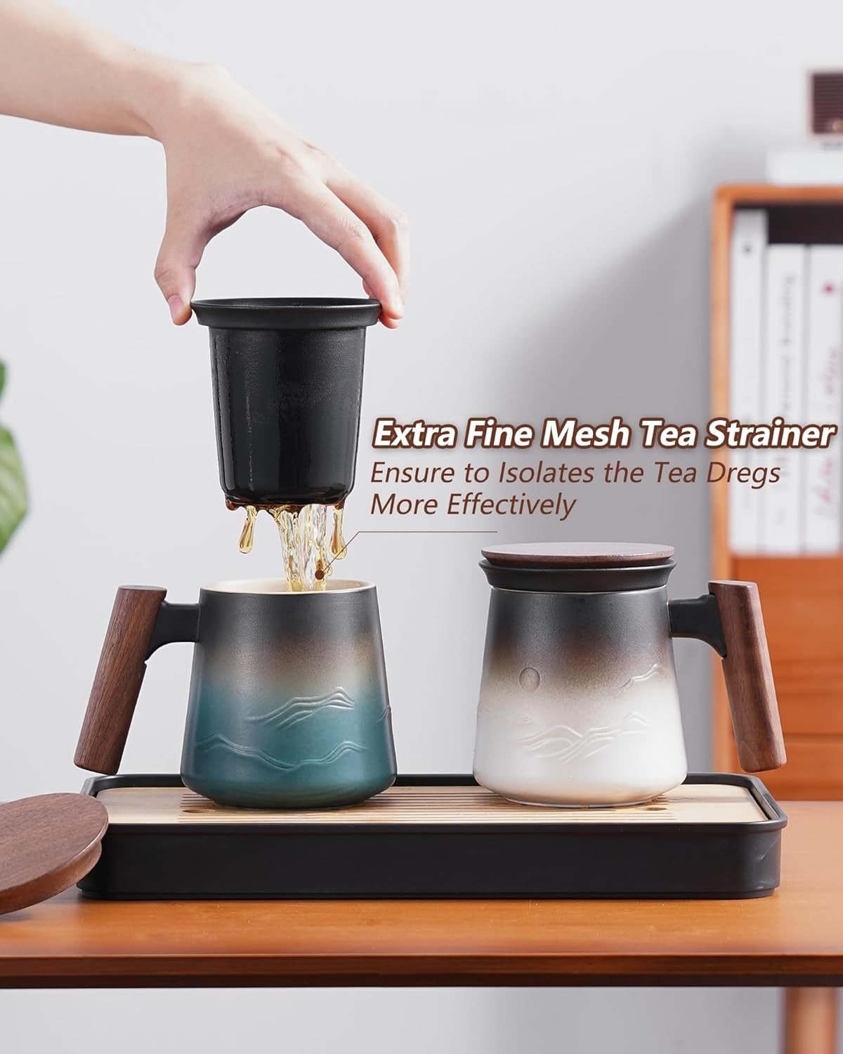 Ceramic Tea Mug 430ml with Infuser Lid & Wood Handle Loose Leaf Cup