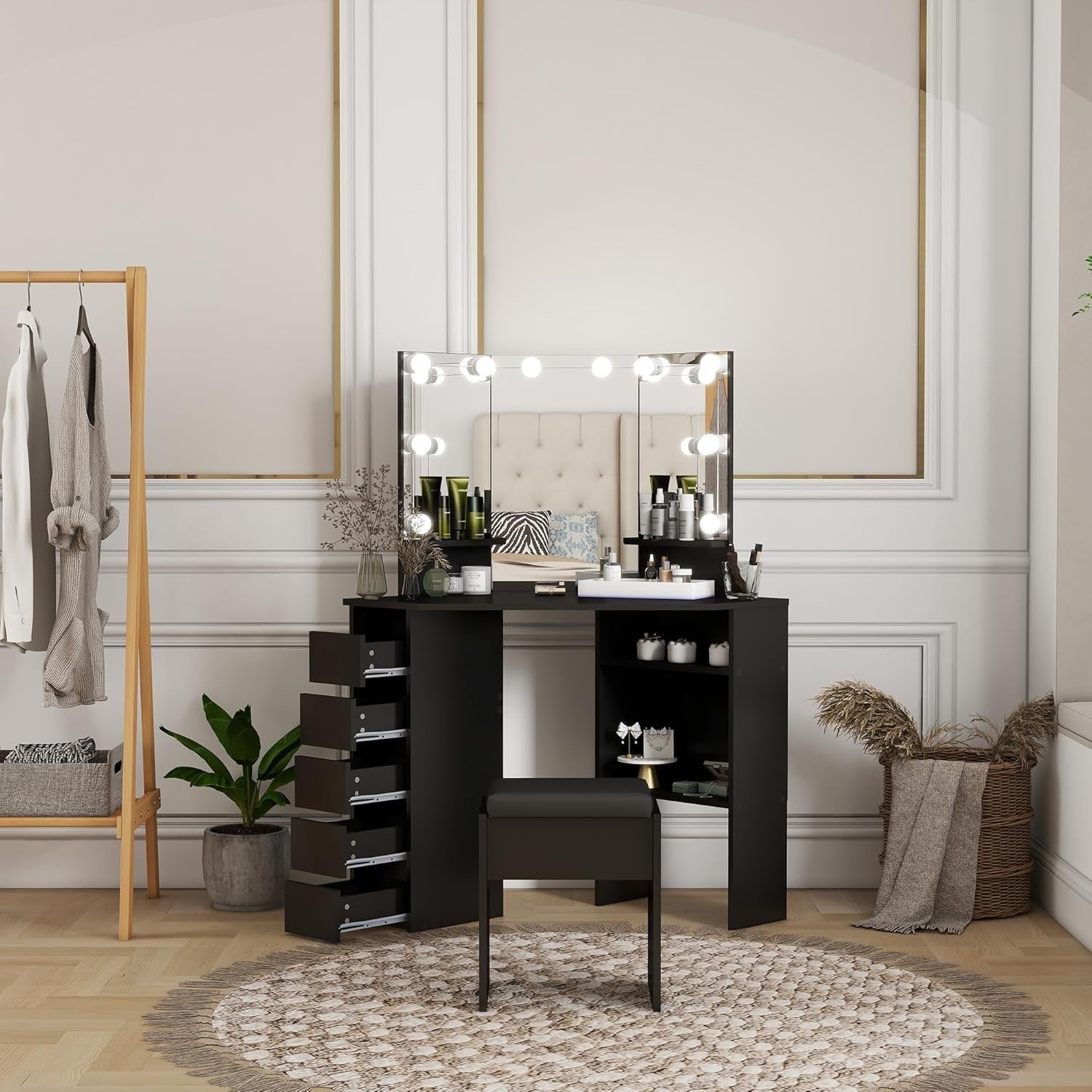 Modern Corner Dressing Table 10 LED Lights 5 Drawers Vanity Mirror Desk Black/Wh
