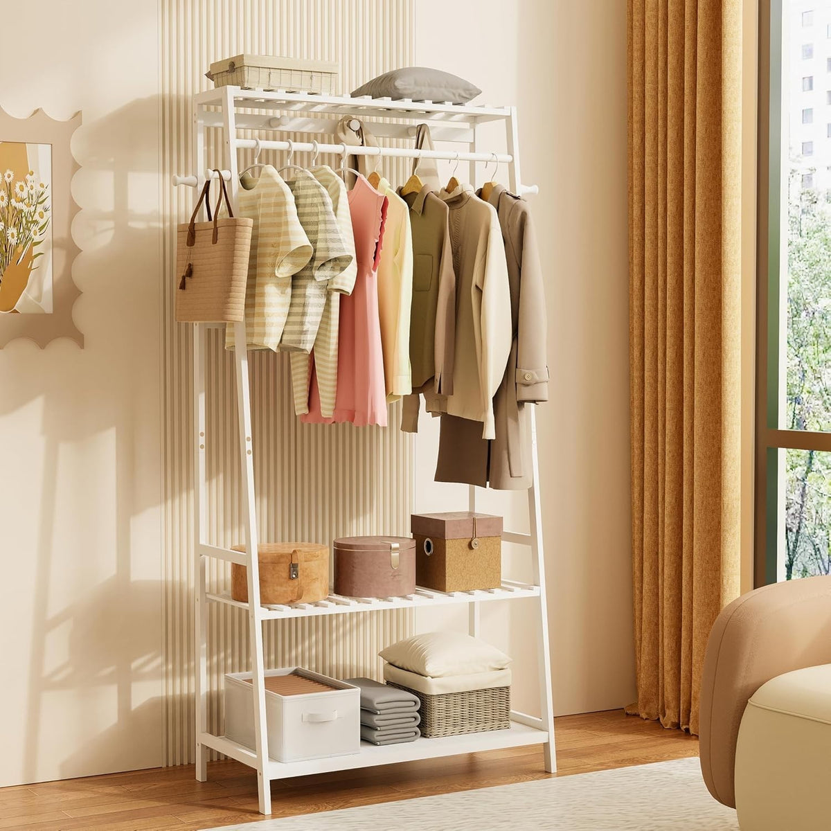 Bamboo Clothes Rail Rack with Shelves & Hooks, White Wardrobe