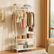 Bamboo Clothes Rail Rack with Shelves & Hooks, White Wardrobe