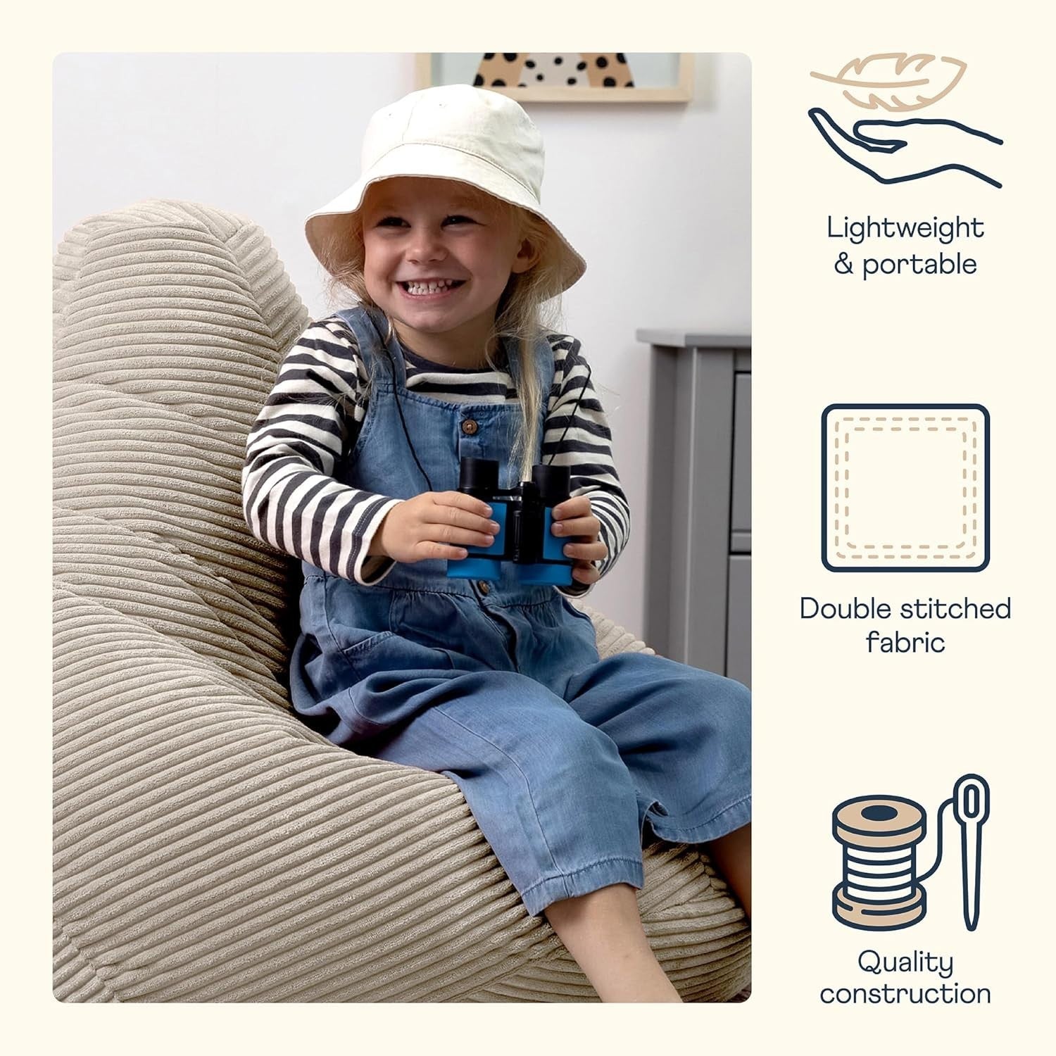 Beige Kids Bean Bag Chair Soft Cord Recliner Seat for Bedroom Lounge Playroom