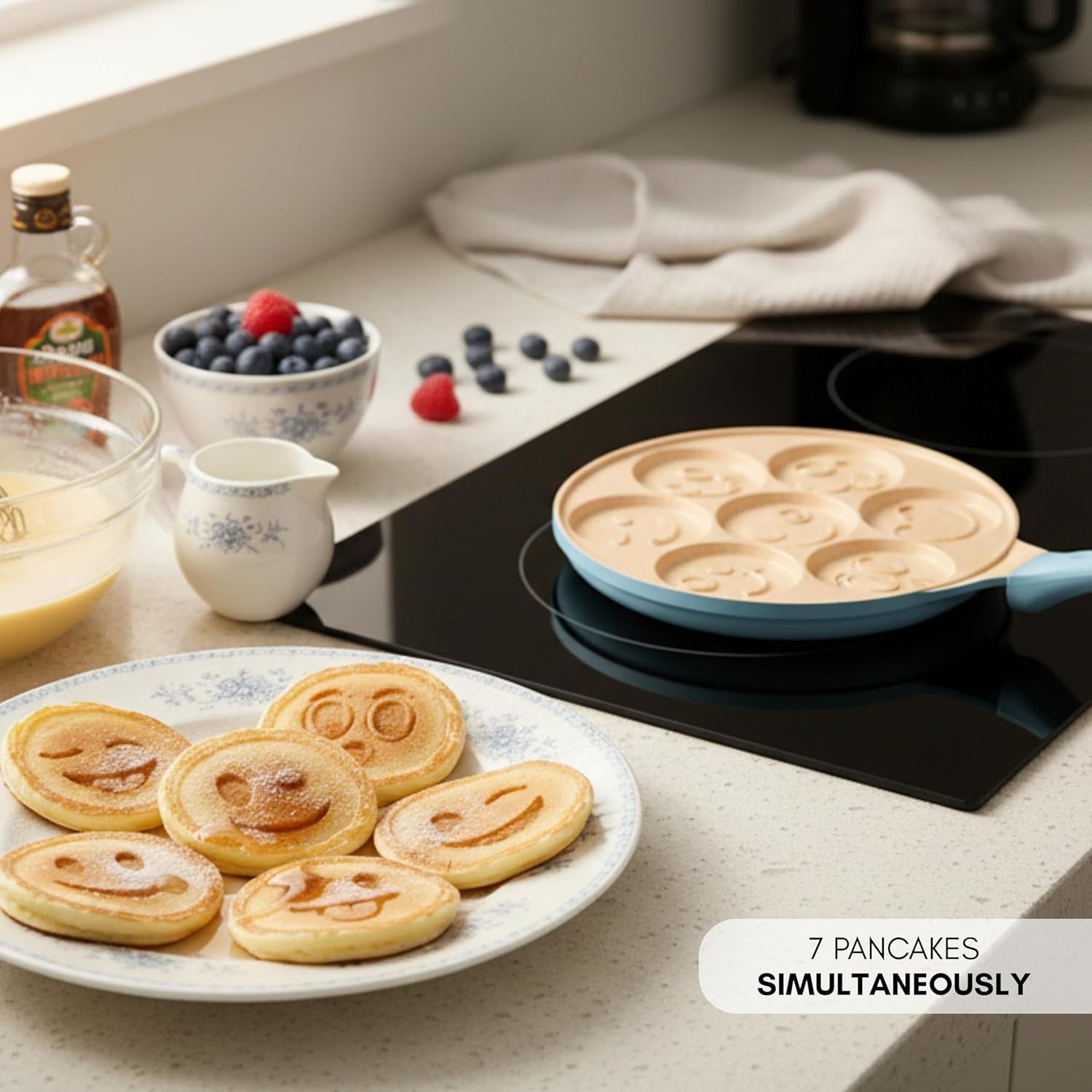 Non-Stick 7 Smiley Pancake Pan 26cm Crepe Maker Induction Safe Soft Grip Blue