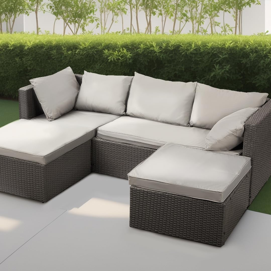 Outdoor Rattan 3-Seater Sofa Set with Chaise Lounger & Footrest Cushions