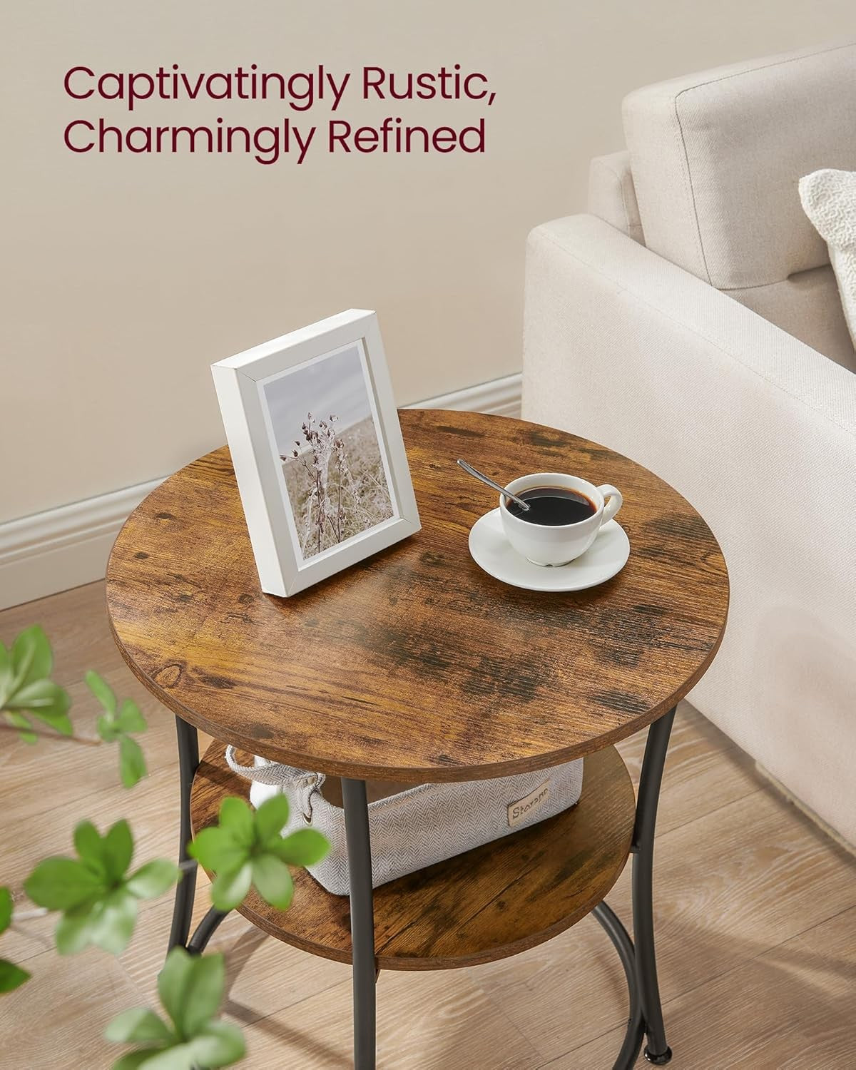 Industrial Round Side Table with 2 Shelves, Rustic Wood End Table for Bedroom