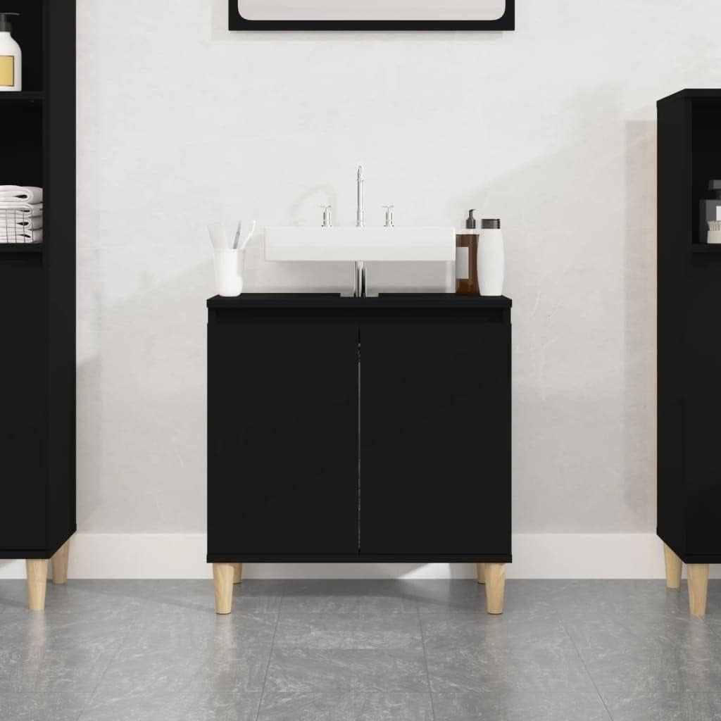Black Under Sink Bathroom Cabinet with Wooden Legs – Modern Vanity Storage Unit