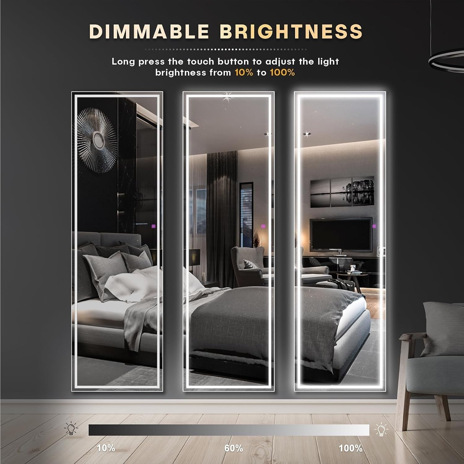 Full Length LED Mirror 160x40cm Wall Mounted Touch Dimmer Black Frame