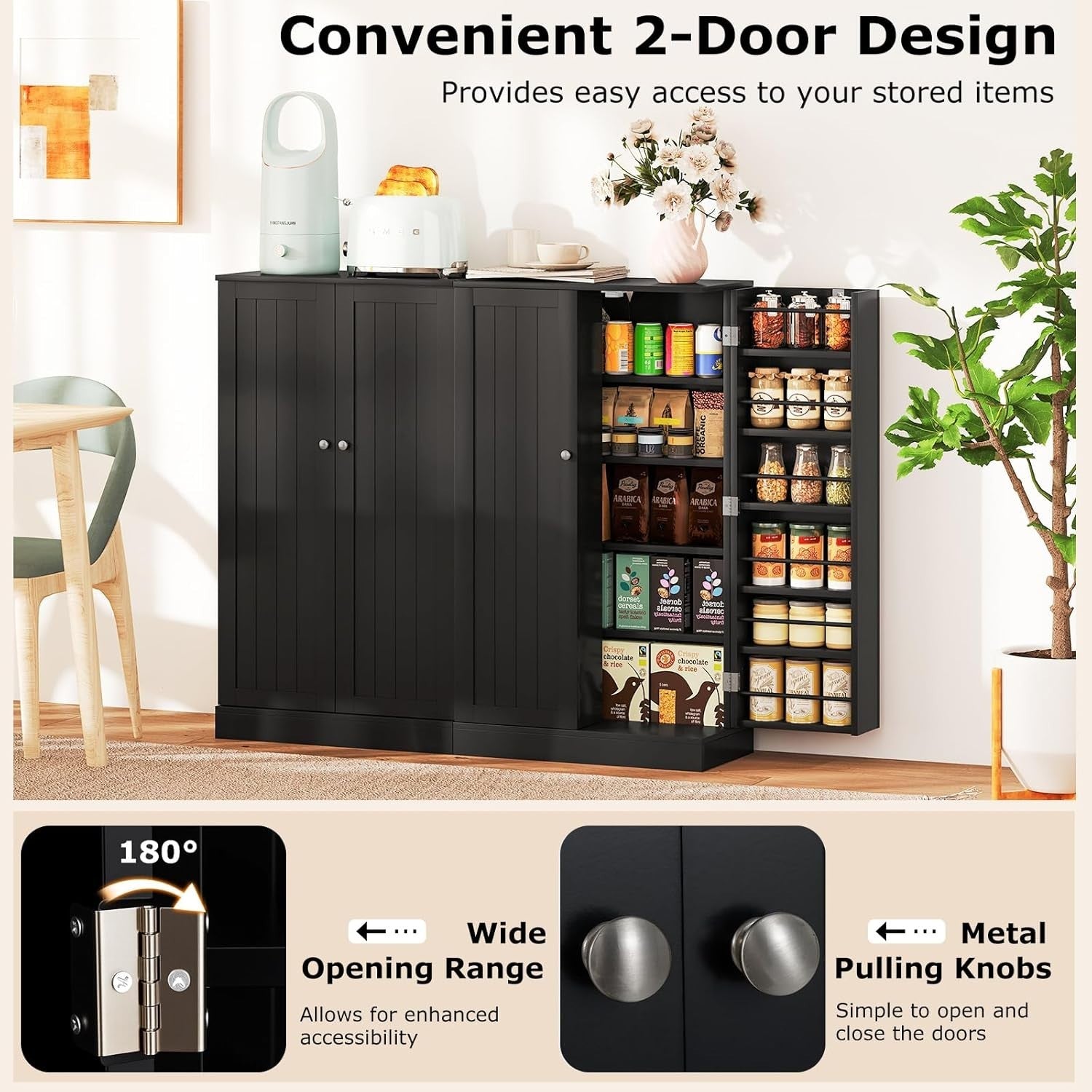 Small Black Pantry Cabinet with 2 Doors and 17 Shelves
