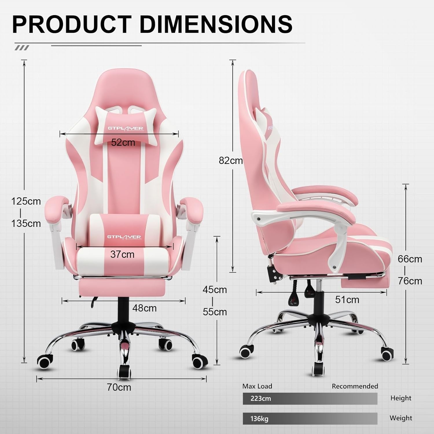 Ergonomic Gaming Chair Massage Lumbar Footrest Pink Recliner